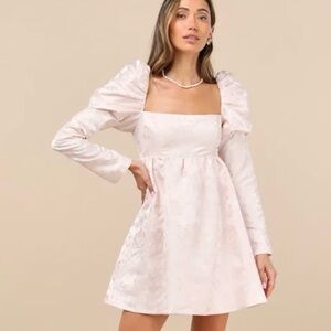 Lavish Sweetie Blush Jacquard Puff Shoulder Babydoll Mini Dress